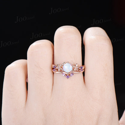 1ct Nature Inspired Hexagon Opal Engagement Ring Set Rose Flower Amethyst Wedding Ring Floral Leaf Opal Ring October Birthstone Jewelry Gift