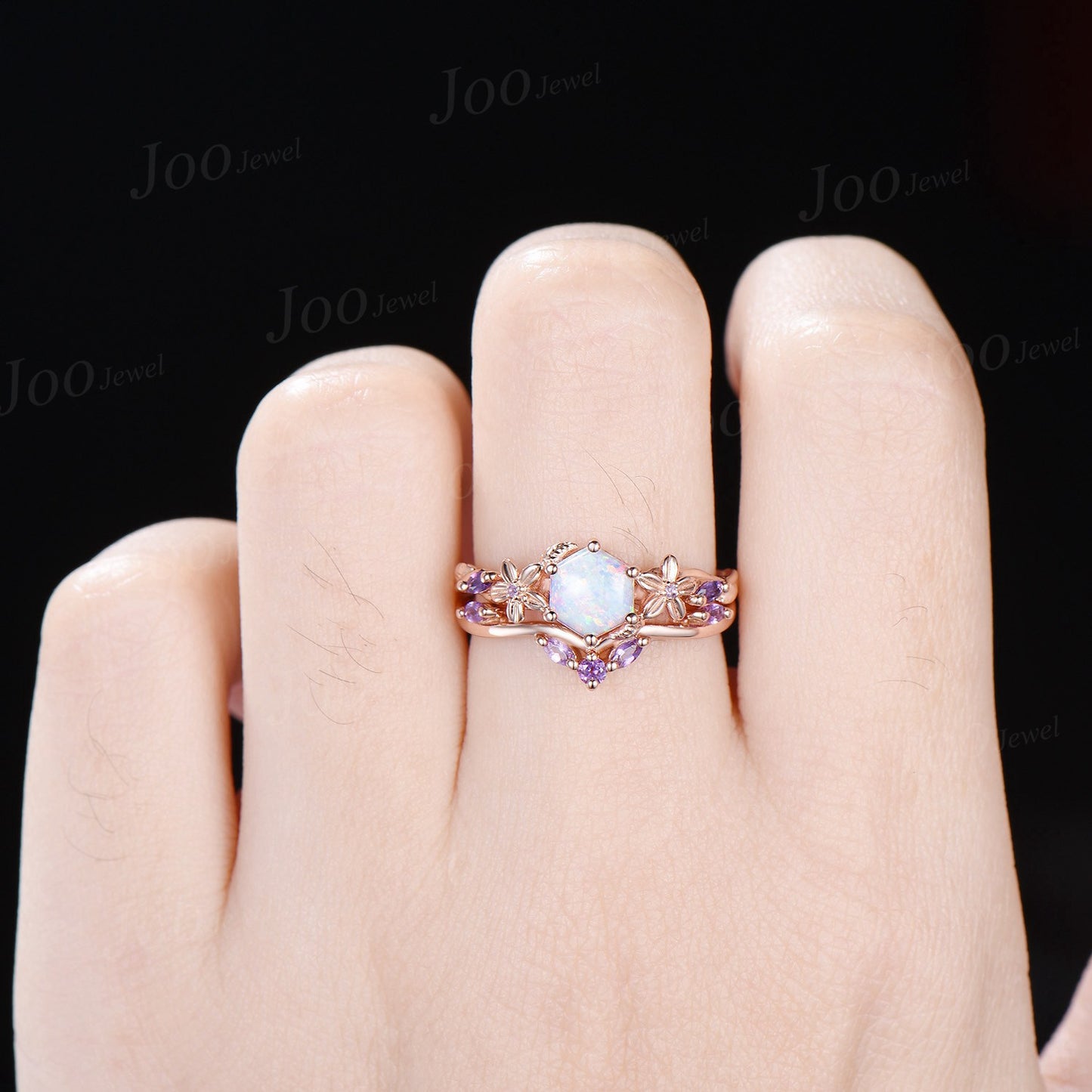 1ct Nature Inspired Hexagon Opal Engagement Ring Set Rose Flower Amethyst Wedding Ring Floral Leaf Opal Ring October Birthstone Jewelry Gift