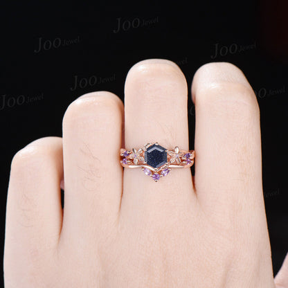 1ct Nature Inspired Hexagon Galaxy Blue Sandstone Engagement Ring Set Rose Flower Amethyst Wedding Ring 14K Rose Gold Floral Leaf Ring Gifts