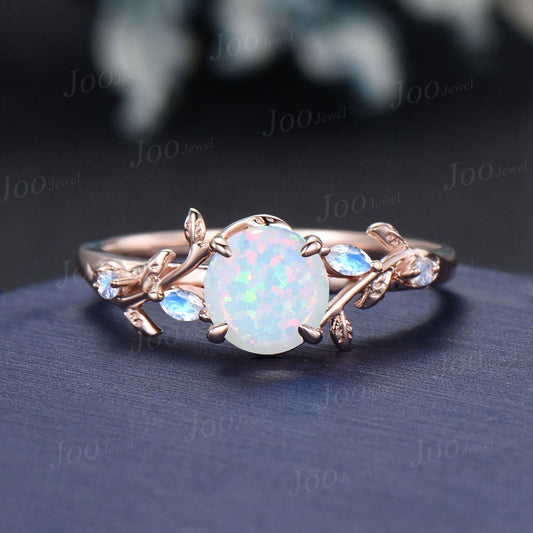 Twig Branch White Opal Ring 10K Rose Gold 1ct Round Fire Opal Moonstone Nature Engagement Ring Unique October Birthstone Birthstone Gifts