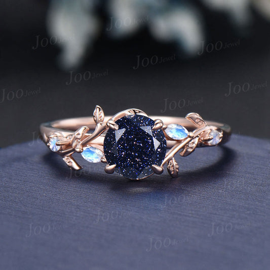 1ct Nature Inspired Round Galaxy Blue Sandstone Engagement Ring Cluster Moonstone Ring Blue Goldstone Ring Anniversary/Promise Gift Women