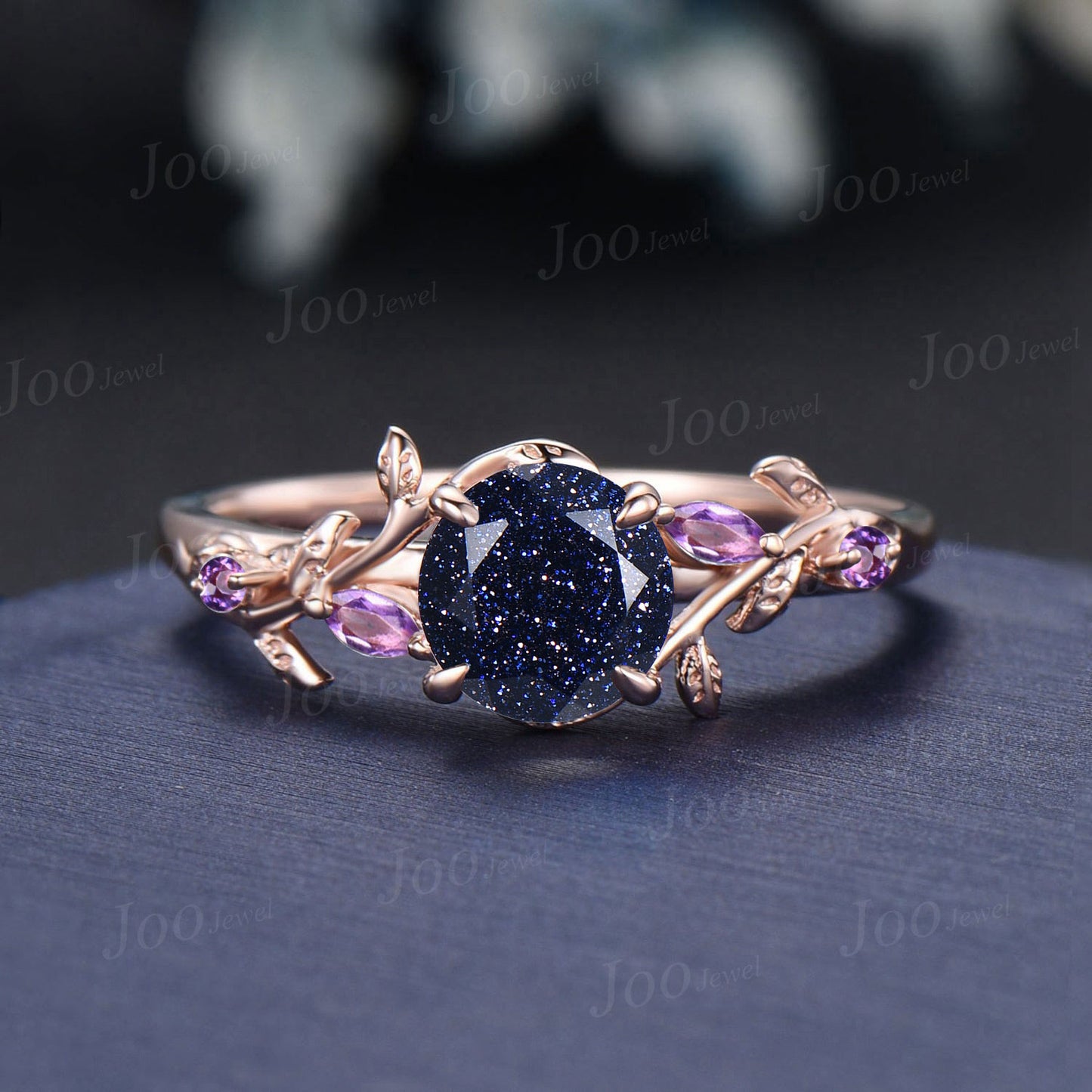 1ct Nature Inspired Round Galaxy Blue Sandstone Engagement Ring Cluster Moonstone Ring Blue Goldstone Ring Anniversary/Promise Gift Women
