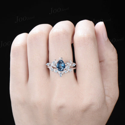 Leaf Branch Nature Inspired Pear Cut Natural London Blue Topaz Engagement Ring Set Aquamarine Wedding Ring Unique December Birthstone Gifts