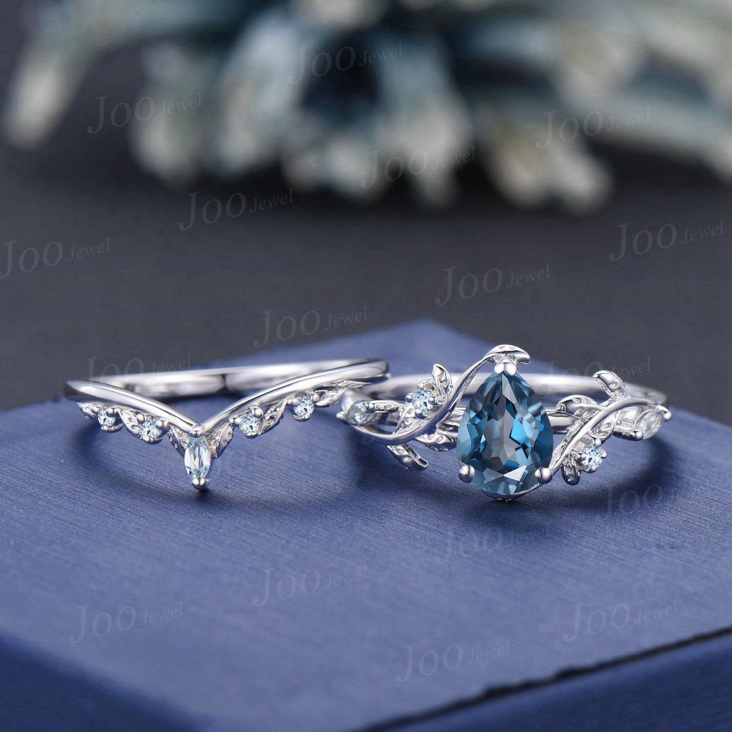 Leaf Branch Nature Inspired Pear Cut Natural London Blue Topaz Engagement Ring Set Aquamarine Wedding Ring Unique December Birthstone Gifts