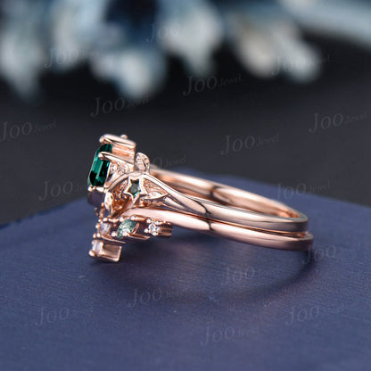 5mm Round Green Emerald Moss Agate Ring Set Unique Moon Star Promise Ring 10K White Gold Nature Inspired Branch Leaf Emerald Wedding Rings