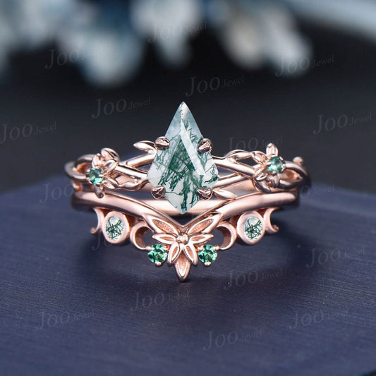 1ct Twig Vine Kite Natural Moss Agate Emerald Floral Engagement Ring Green Emerald Triple Moon Celtic Wedding Ring Vintage Branch Bridal Set