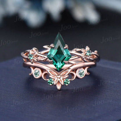 Twig Vine Green Emerald Floral Ring Set Rose Gold Triple Moon Moss Agate Emerald Trinity Knot Wedding Ring Set May Birthstone Jewelry Gifts