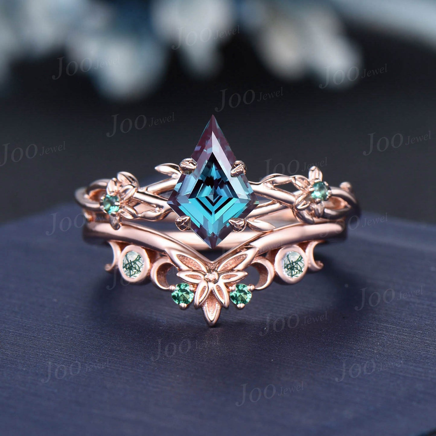 1ct Kite Cut Color-Change Alexandrite Emerald Bridal Set 14K Rose Gold Twisted Twig Vine Green Moss Agate Celtic Knot Wedding Band for Women