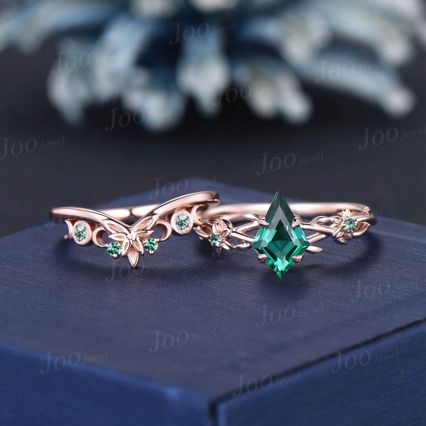 Twig Vine Green Emerald Floral Ring Set Rose Gold Triple Moon Moss Agate Emerald Trinity Knot Wedding Ring Set May Birthstone Jewelry Gifts