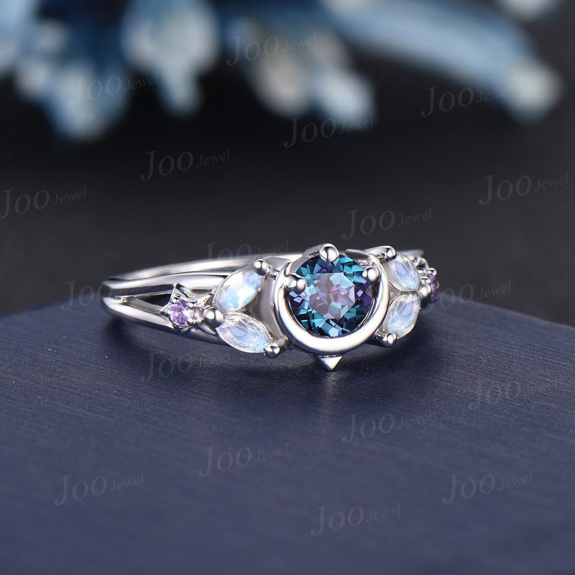 5mm Color-Change Alexandrite Engagement Ring Moon Star Ring White Gold Split Shank Design Moonstone Amethyst Celestial Wedding Ring Platinum
