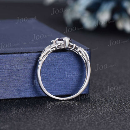 Crescent Moon Round Galaxy Blue Sandstone Ring 14K White Gold Feather Wedding Ring Twisted Crossover Engagement Ring Unique Proposal Gifts