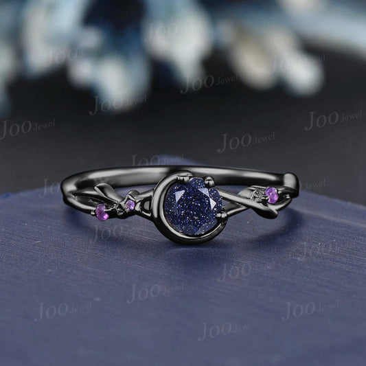 5mm Round Galaxy Blue Sandstone Ring Starry Sky Black Gold Moon Star Cluster Amethyst Twig Vine Blue Goldstone Ring Celestial Promise Rings