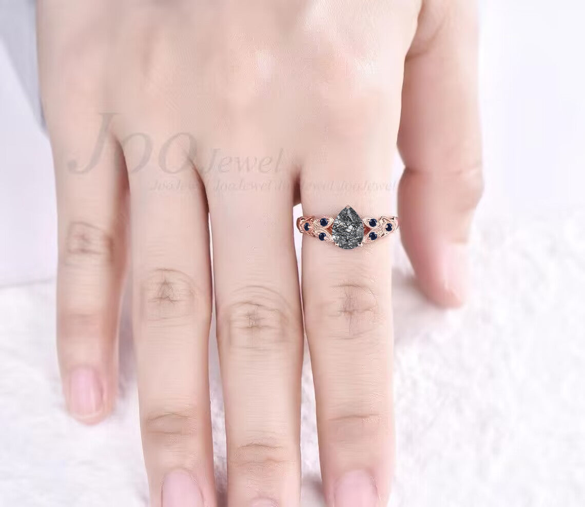 Natural Black Rutilated Quartz Ring Vintage Pear Wedding Ring Sterling Silver Butterfly Engagement Ring Women Vintage Blue Sandstone Ring