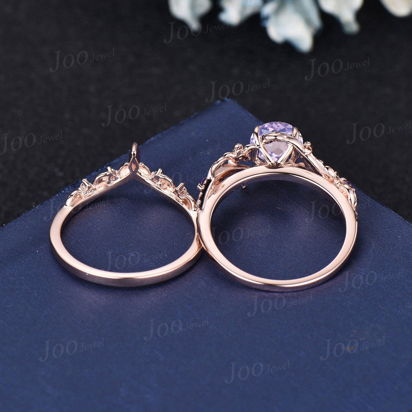 Natural Lavender Amethyst Diamond Ring Set 14K Rose Gold Nature Inspired Branch Floral Leaf Purple Crystal Amethyst Bridal Wedding Ring Set