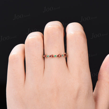 Kite Garnet Half Eternity Wedding Band Emerald Wedding Ring Red Stone Ring Vintage Rose Gold Silver Ring Women Minimalist Anniversary Rings