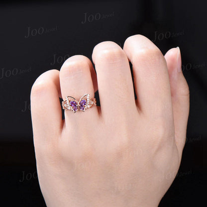 Unique Amethyst Opal Butterfly Engagement Ring 14K Solid Rose Gold Filigree Hollow Crafts Vintage Fantasy Bridal Set Butterfly Wedding rings