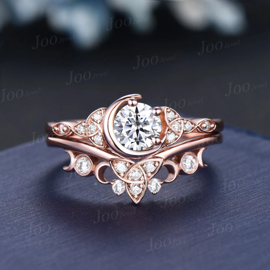 5mm Round Moissanite Celestial Moon Moissanite Celtic Bridal Set Trinity Knot Band 10K Rose Gold April Birthstone Birthday/Anniversary Gifts