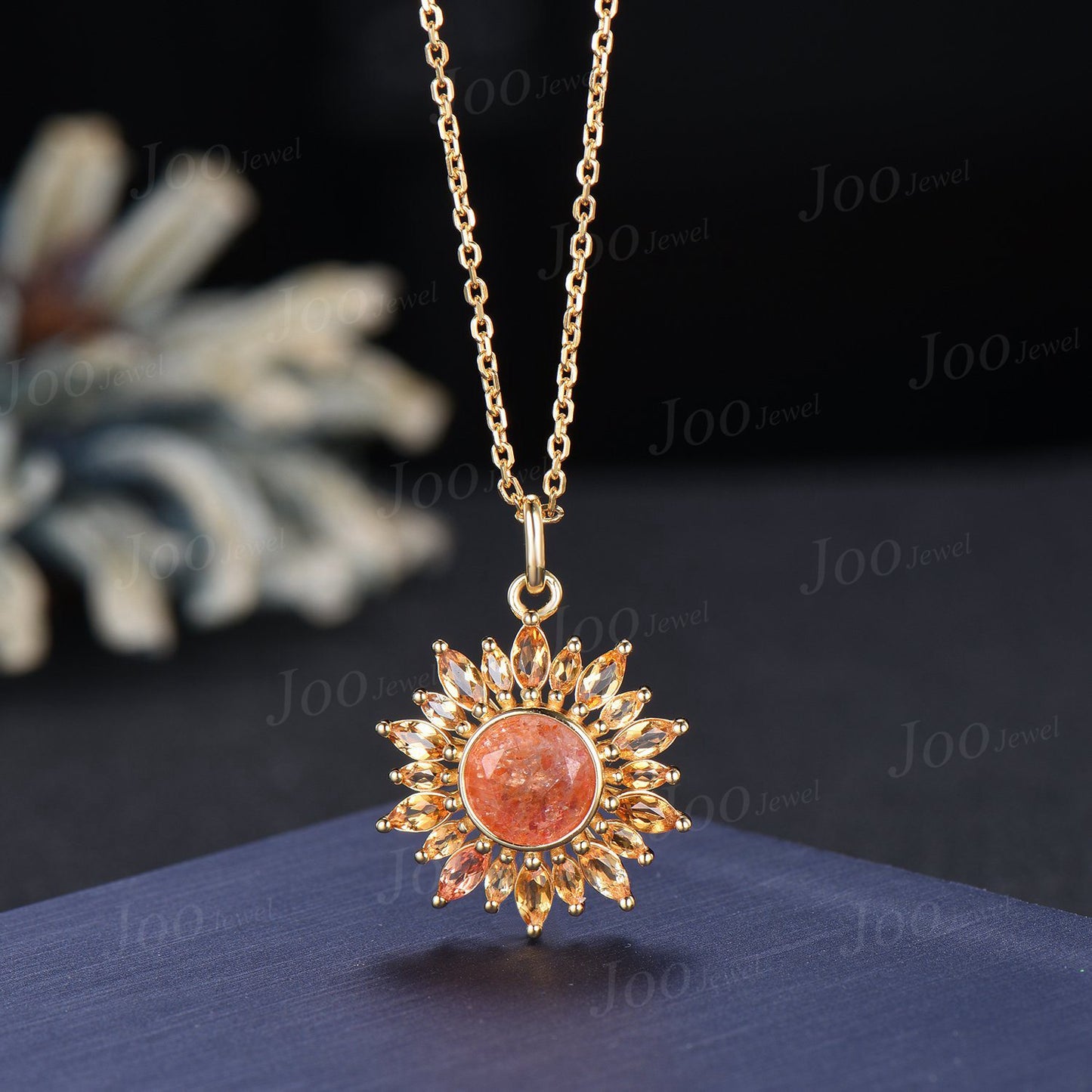 Sunflower Necklace| Healing Stone| Natural Sunstone Citrine Necklace in 9K Gold | Sunstone Halo Citrine Pendant |Birthday Gifts for Daughter