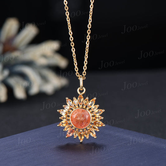Sunflower Necklace| Healing Stone| Natural Sunstone Citrine Necklace in 9K Gold | Sunstone Halo Citrine Pendant |Birthday Gifts for Daughter