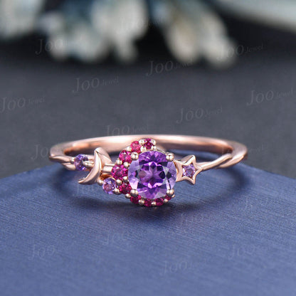 Round Ruby Amethyst Cluster Wedding Ring Moon Star Amethyst Promise Ring February Birthstone Jewelry Gifts Women Unique Asymmetrical Rings