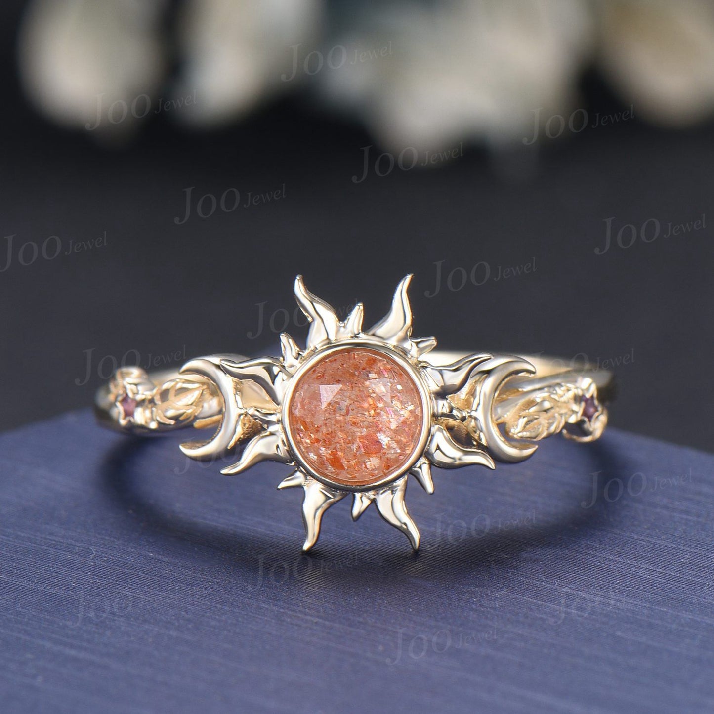 6mm Round Cut Natural Sunstone Sun Engagement Ring Unique Celestial Wedding Ring Moon Star & Sun Genuine Sunstone Jewelry Proposal Ring Gift