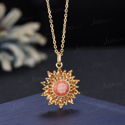 Sunflower Necklace| Healing Stone| Natural Sunstone Citrine Necklace in 9K Gold | Sunstone Halo Citrine Pendant |Birthday Gifts for Daughter