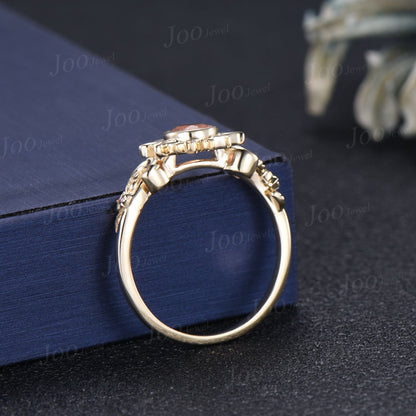6mm Round Cut Natural Sunstone Sun Engagement Ring Unique Celestial Wedding Ring Moon Star & Sun Genuine Sunstone Jewelry Proposal Ring Gift