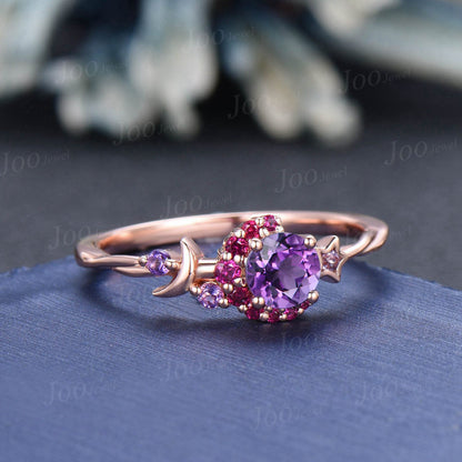 Round Ruby Amethyst Cluster Wedding Ring Moon Star Amethyst Promise Ring February Birthstone Jewelry Gifts Women Unique Asymmetrical Rings