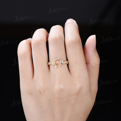6mm Round Cut Natural Sunstone Sun Engagement Ring Unique Celestial Wedding Ring Moon Star & Sun Genuine Sunstone Jewelry Proposal Ring Gift