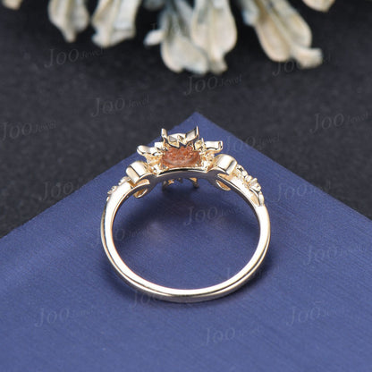 6mm Round Cut Natural Sunstone Sun Engagement Ring Unique Celestial Wedding Ring Moon Star & Sun Genuine Sunstone Jewelry Proposal Ring Gift
