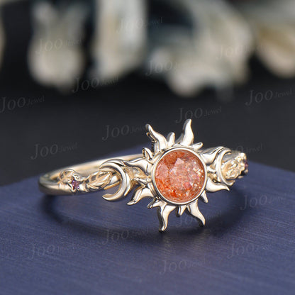6mm Round Cut Natural Sunstone Sun Engagement Ring Unique Celestial Wedding Ring Moon Star & Sun Genuine Sunstone Jewelry Proposal Ring Gift