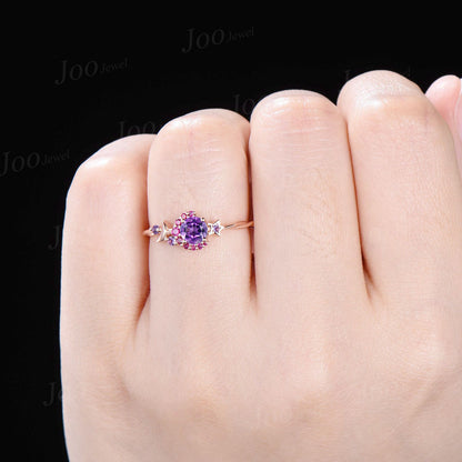 Round Ruby Amethyst Cluster Wedding Ring Moon Star Amethyst Promise Ring February Birthstone Jewelry Gifts Women Unique Asymmetrical Rings