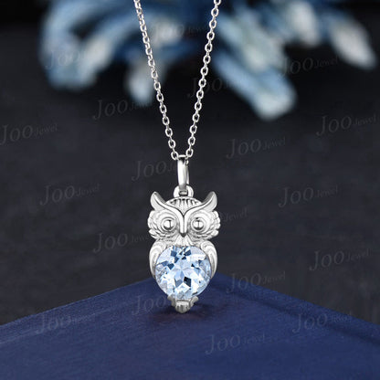 Unique Cute Owl Natural Aquamarine Wedding Necklace Sterling Silver Round Aquamarine Pendant March Birthstone Gift Animal Gemstone Jewelry