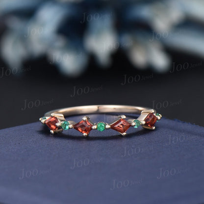 Kite Garnet Half Eternity Wedding Band Emerald Wedding Ring Red Stone Ring Vintage Rose Gold Silver Ring Women Minimalist Anniversary Rings