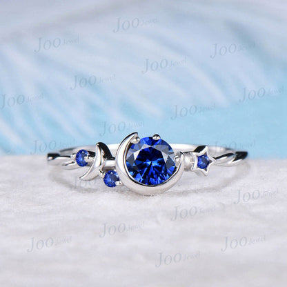 5mm Round Blue Sapphire Engagement Ring Twist Band Celestial Moon Wedding Ring Rose Gold/Sterling Silver September Birthstone Birthday Gifts