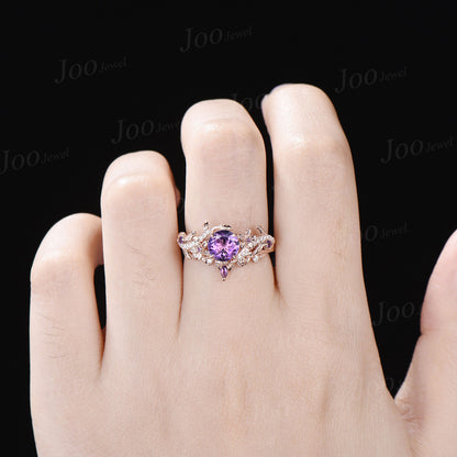 Nature Inspired Flower Natural Amethyst Ring Set Round Amethyst Diamond Ring Vintage 14K Rose Gold Lead Branch February Birthstone Bridal Set