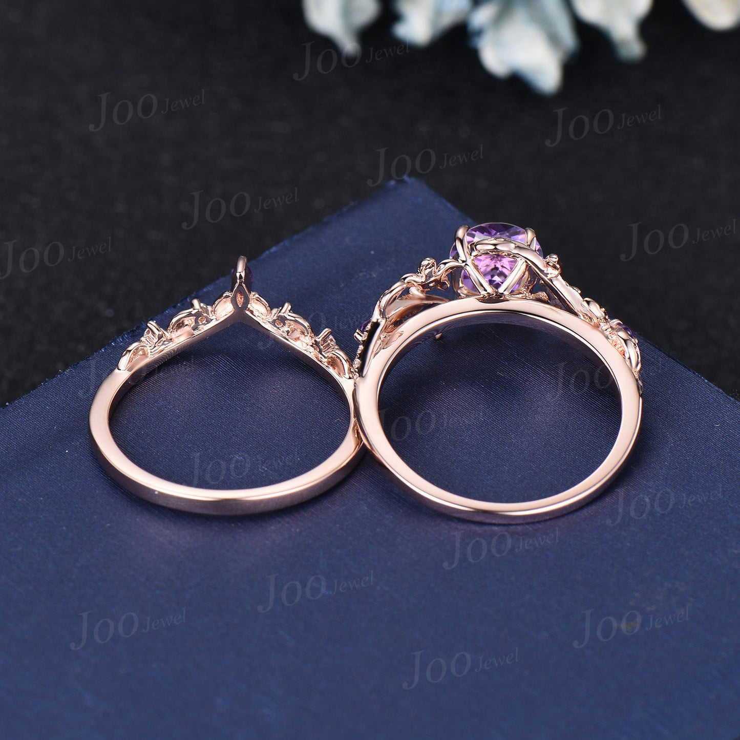 Nature Inspired Flower Natural Amethyst Ring Set Round Amethyst Diamond Ring Vintage 14K Rose Gold Lead Branch February Birthstone Bridal Set