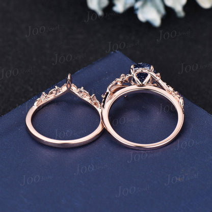 6.5mm Round Cut Galaxy Blue Sandstone Amethyst Ring Set Nature Inspired Flower Diamond Ring Set Vintage 14K Rose Gold Lead Branch Bridal Set