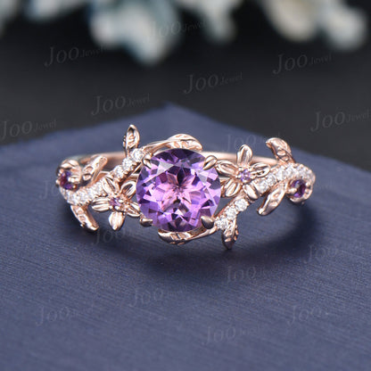 Nature Inspired Flower Natural Amethyst Ring Set Round Amethyst Diamond Ring Vintage 14K Rose Gold Lead Branch February Birthstone Bridal Set