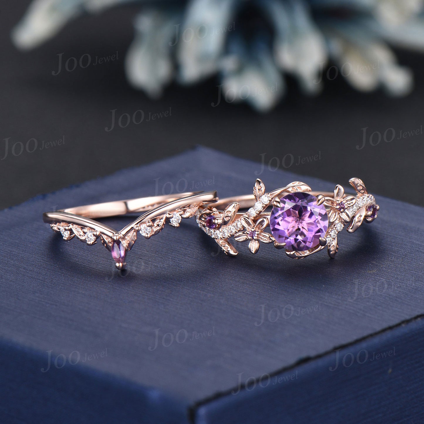 Nature Inspired Flower Natural Amethyst Ring Set Round Amethyst Diamond Ring Vintage 14K Rose Gold Lead Branch February Birthstone Bridal Set