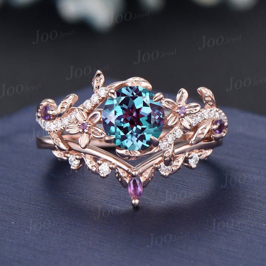 Color-Change Alexandrite Amethyst Bypass Engagement Ring Set Unique Valentine's Day Gifts Nature Inspired Floral Alexandrite Jewelry Women