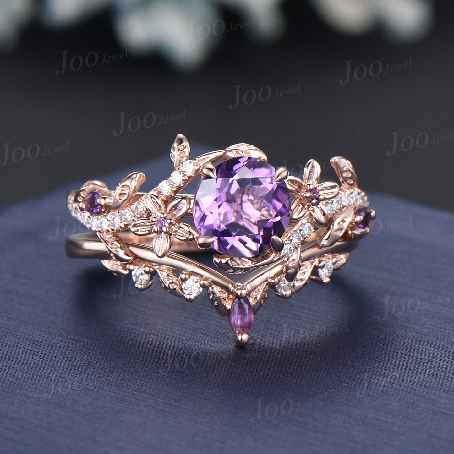 Nature Inspired Flower Natural Amethyst Ring Set Round Amethyst Diamond Ring Vintage 14K Rose Gold Lead Branch February Birthstone Bridal Set