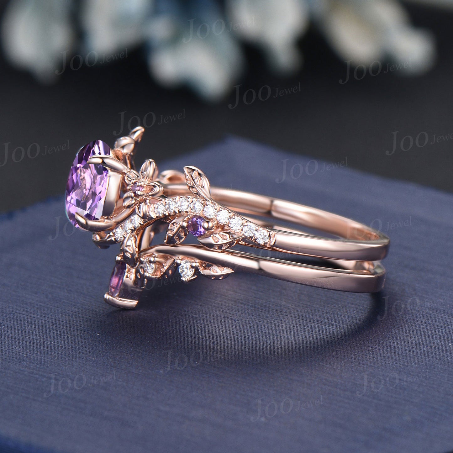 Nature Inspired Flower Natural Amethyst Ring Set Round Amethyst Diamond Ring Vintage 14K Rose Gold Lead Branch February Birthstone Bridal Set