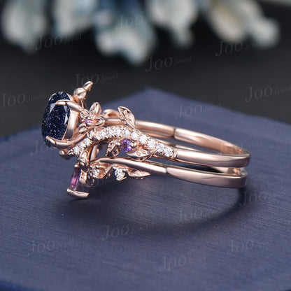 6.5mm Round Cut Galaxy Blue Sandstone Amethyst Ring Set Nature Inspired Flower Diamond Ring Set Vintage 14K Rose Gold Lead Branch Bridal Set