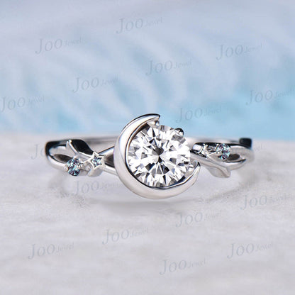 Twig Vine Moissanite Wedding Ring Vintage Sterling Silver 5mm Round Moissanite Engagement Ring Moon Star Design Alexandrite Moissanite Ring