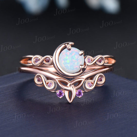 Unique Infinity Bridal Set 5mm Round White Fire Opal Engagement Ring Set Cluster Amethyst Ring Celtic Trinity Knot Infinity Wedding Ring Set