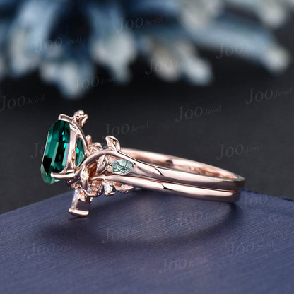 Twig Vine Green Emerald Ring Set Rose Gold 1.5ct Oval Emerald Moss Agate Wedding Ring Nature Inspired Branch Bridal Set May Birthstone Gifts