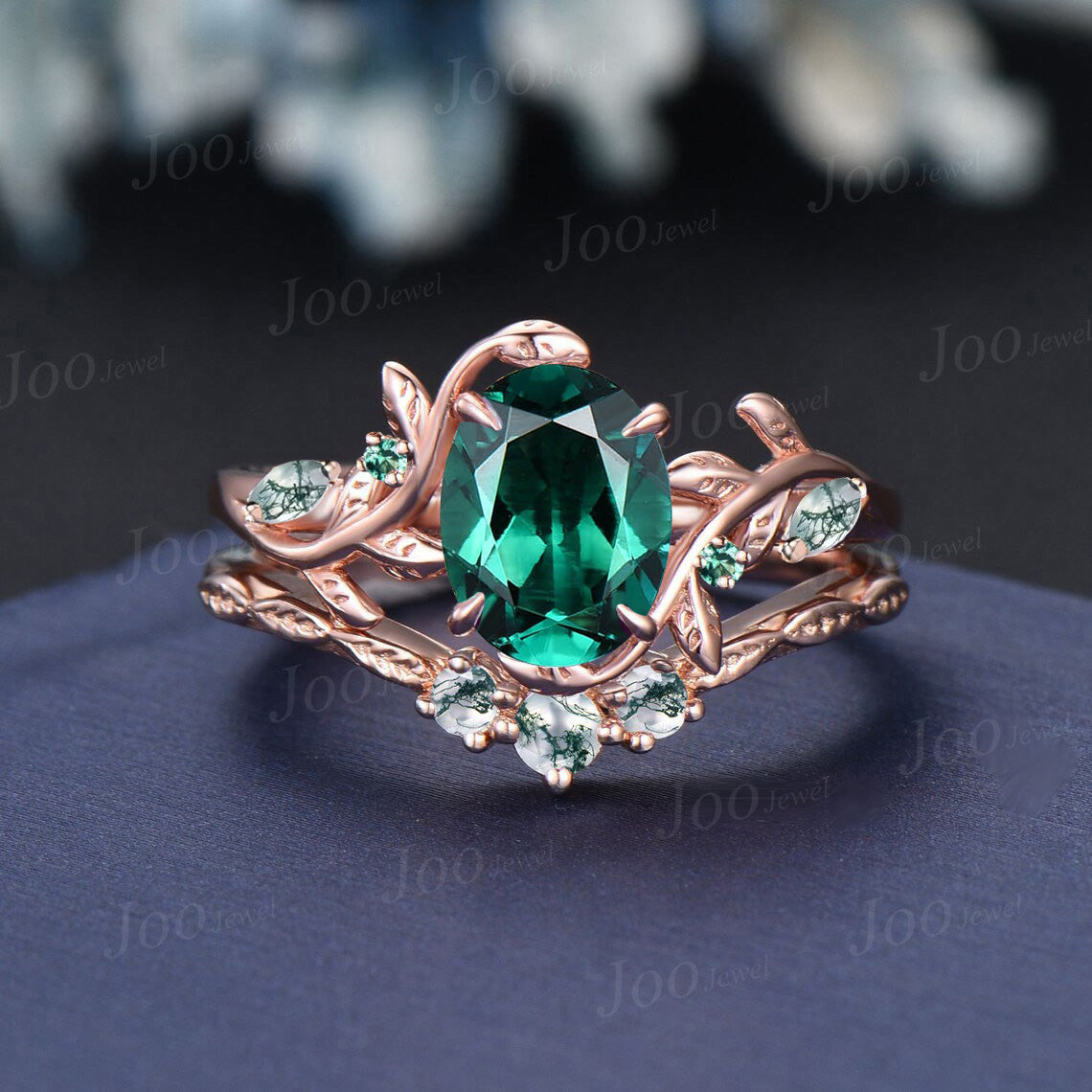 Twig Vine Green Emerald Ring Set Rose Gold 1.5ct Oval Emerald Moss Agate Wedding Ring Nature Inspired Branch Bridal Set May Birthstone Gifts