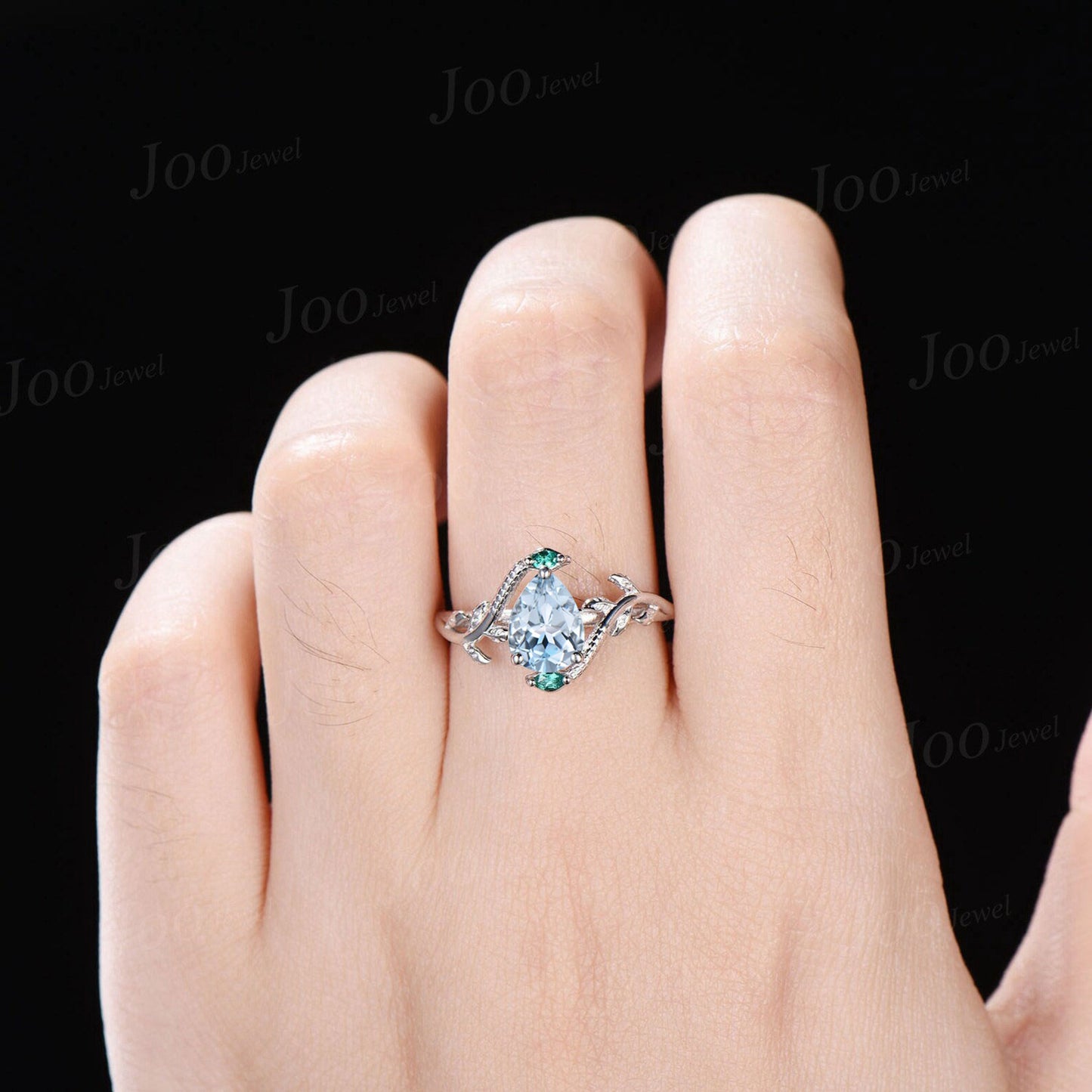 Unique Snake Engagement Ring Vintage 14K White Gold Nature Inspired Natural Pear Aquamarine Promise Ring Green Emerald Wedding Ring for Her