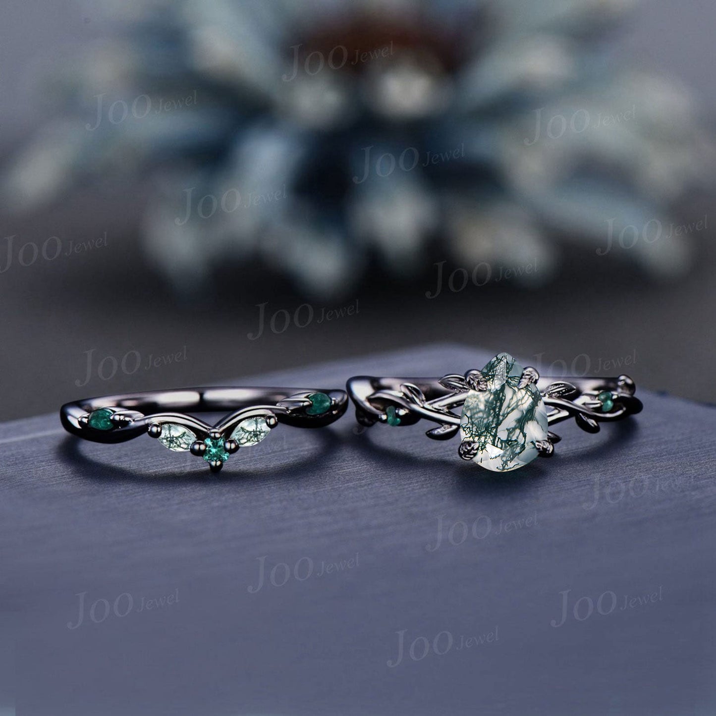 14K Black Gold Natural Green Moss Agate Emerald Engagement Ring Set 1.25ct Twig Vine Pear Moss Agate Wedding Ring Goth Black Promise Rings